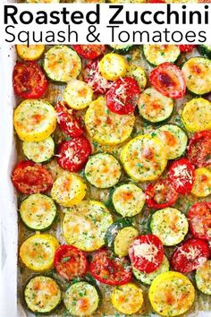 roasted zucchini squash and tomatoes with parmesan cheese in a baking dish