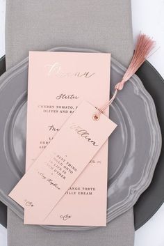 pink and grey wedding theme with menus