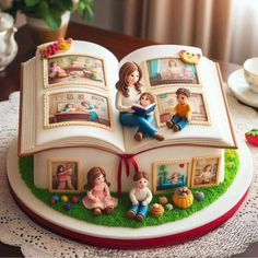 the cake is decorated like an open book with family pictures on it and people reading