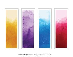 four watercolor banners with different colors and shapes, each featuring an image of the same color