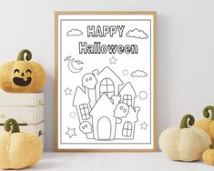 a halloween coloring page with pumpkins and other decorations on the table next to it