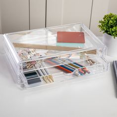 a clear plastic container filled with lots of crafting supplies next to a potted plant