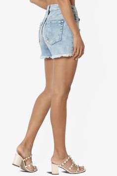 Effortless style is imbued into these denim shorts through considered distressed detailing. The high-waisted pair features large rips at the front and is finished with a raw hem that completes its irreverent design. Women's Stretchy Denim Shorts goes well with summer casual blouse, t-shirts for home, summer holidays, casual, daily life, shopping, going out, party, street look.Washed light blue denim shortsBelt loops, Five pockets, Ripped and distressed detailsUnfinished hem, Faded finish, Design Trendy High-waisted Distressed Jean Shorts, Trendy Distressed High-waisted Jean Shorts, Trendy High-rise Ripped Shorts, Trendy Ripped High-waist Jean Shorts, Trendy Ripped High Waist Jean Shorts, Trendy High Rise Distressed Jean Shorts, Distressed Denim Jean Shorts, Trendy Ripped Medium Wash Shorts, Ripped Cutoff Denim Shorts