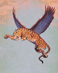 a painting of a cheetah flying in the sky with its wings spread out