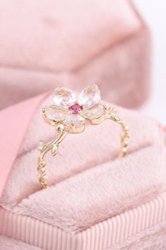 Elegant Pink Flower Rings, Elegant Pink Flower Shaped Rings, Elegant Pink Flower-shaped Rings, Pink Flower Rings For Anniversary, Delicate Pink Flower Ring For Wedding, Anniversary Pink Flower Shaped Ring, Pink Flower Rings In Fine Jewelry Style, Exquisite Gemstone Flower Ring For Wedding, Exquisite Flower Shaped Gemstone Rings