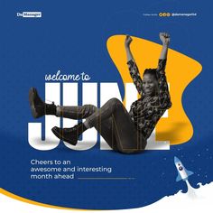 a man sitting on the ground in front of a blue and yellow background with words welcome to june