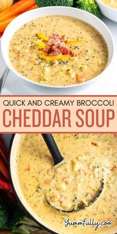 two bowls filled with creamy broccoli cheddar soup