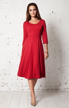 An easy on the eye 1950s inspired red ponte dress in our exquisite roma fabric. Cut to flatter with ¾ sleeves and a scoop neckline, the wide skirt smoothes over curves while the ponte seams create a slimming silhouette Office 9-5 or casual brunch with the girls, our chilli pepper red dress has all the hallmarks of Alie Street styling. Easy to wear soft fabrics cut to shape and flatter with a flirty skirt - a real confidence booster. Details to love – Fit and flare skirt, flattering ponte seams, Red Dress Office Outfit, Wide Skirt, Kate Middleton Outfits, Fit And Flare Skirt, Chilli Pepper, Ponte Dress, Paris Dresses, Dresses Outfits, Dresses 2020