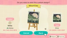 an animal crossing game screen showing the location where you can paint mountains and other items