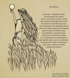 a drawing of a woman holding a frisbee in her right hand and an old poem on the left