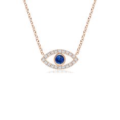 Hanging gracefully from a shiny metal bale is a diamond studded frame with a round sapphire bezel set at the center. The sparkling diamonds create a compelling contrast against the deep blue sapphire. Crafted in 14k rose gold, this sapphire evil eye pendant is meant to protect the wearer from misfortunes and bad luck. Blue Sapphire Pendant, Diamond Evil Eye, Round Sapphire, Bad Luck, Rose Gold Chain, Blue Evil Eye, Sapphire Pendant, Eye Pendant, Evil Eye Pendant