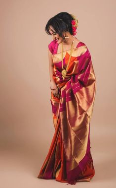 Pretty silk saree with long gold chain. Love the hairdo and jhumkis. Betrothal Dress, Coctel Dress, Tamil Saree, South Indian Sarees, Indian Silk Sarees, Saree Silk, Elegant Saree, Latest Sarees