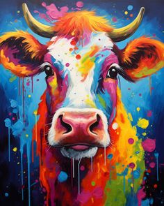 a painting of a cow with colorful paint splatters on it's face