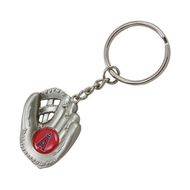 a baseball glove shaped keychain with a red ball inside