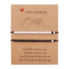 two white and black beaded bracelets with the words pinky promise written on them