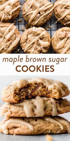 maple brown sugar cookies stacked on top of each other with icing drizzled over them