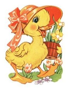 a yellow duck wearing a red hat and holding a basket with flowers in it's beak