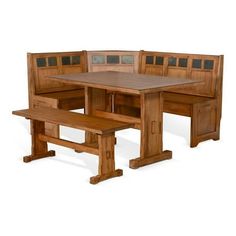 a wooden table and bench with two benches