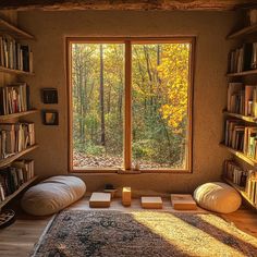 a room with bookshelves, pillows and a rug in front of the window