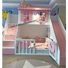 a child's bedroom with pink and white furniture, stairs to the loft bed