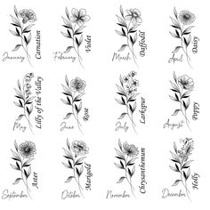 Realistic Birth Month Flower Design Personalised Custom Floral Name Tattoo Family Line Art Tattoo Birth Flower Minimalist Print Gift - Etsy Flowers Of The Month Tattoo, February And May Flower Tattoo, Shoulder Birth Flower Tattoo, Birth Flower Bouquet Tattoo Ideas, Birth Flower Svg Free, May And October Flower Tattoo, Flower Tattoos Family, Monthly Flowers Tattoos, Flower Tattoos With Names Stems