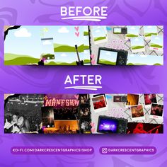 the before and after photoshopped video effects are displayed on purple background with white clouds