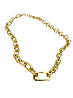 This versatile necklace offers three different looks in one stunning piece of jewelry. Crafted with a combination of two gold chains, including a gold paper clip chain and round rolo chain, it is finished with a connector clasps. The necklace measures approximately 17 inches in length and can be rotated to achieve three distinct styles. In the first look, you can showcase the bold statement necklace by wearing it with the gold paper clip chain prominently displayed. The unique and contemporary d Gold Toggle Necklace With Paperclip Chain, Chic Gold Toggle Necklace With Paperclip Chain, Gold Chic Toggle Necklace With Paperclip Chain, Gold-tone Cable Chain Necklaces, Yellow Gold Chunky Chain Paperclip Necklace, Gold Oval Link Chain Necklace With Adjustable Chain, Yellow Gold Necklace With Chunky Paperclip Chain, Chic Gold Chain Link Toggle Necklace, Chic Link Toggle Necklace With Gold Chain