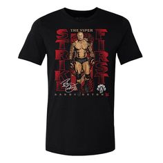 a black t - shirt with an image of the wrestler on it