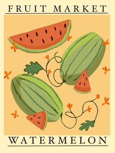 a poster with watermelon slices and leaves on the front, which reads fruit market