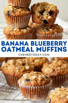 banana blueberry oatmeal muffins stacked on top of each other