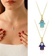 "◖ A B O U T ◗ The hamsa is an ancient Middle Eastern symbol that holds a variety of meanings across cultures. Nevertheless, it is regarded in all faiths as a protective talisman that brings good fortune, health and happiness. You will never want to take off this minimalist necklace. Enamel art made with pure gold and handcrafted work will always preserve its color and will not fade. You can wear it in turquoise and dark blue with different colors on 2 sides. A minimalist gift for loved ones, fr Blue Fine Jewelry For Gifts, Fine Blue Jewelry For Gifts, Blue Fine Jewelry Necklace As Gift, Blue Fine Jewelry Necklace For Gift, Fine Jewelry Blue Necklace For Gift, Symbolic Turquoise Necklace For Gift, Symbolic Blue Jewelry As Gift, Symbolic Blue Jewelry For Gift, Symbolic Blue Jewelry For Gifts