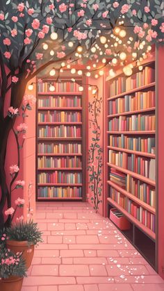 a painting of a pink library with bookshelves and flowers