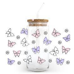 Purple Pink Butterflies 20oz Libbey Glass Can, 34oz Hip Sip, 40oz Tumbler UV DTF or Sublimation Decal Transfer - Weefers Uv Dtf Cup Wrap Designs, Butterfly Glass Cup, Libbey Glasses Ideas, Libbey Cup Designs, Decal Ideas For Cups, Uv Dtf Cup Wrap, Libby Cup Designs, Sublimation Cup Designs, Cricut Glass Cups