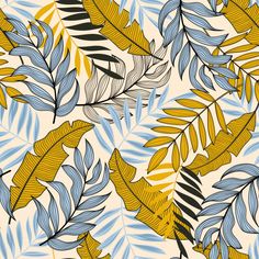 an abstract pattern with blue and yellow leaves