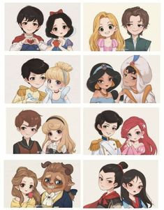 the many faces of disney princesses from different eras to their respective characters, all in cartoon form