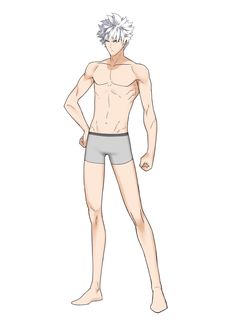 an anime character with white hair and no shirt, wearing grey trunks while standing in front of