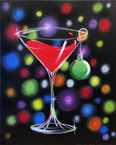 a painting of a martini glass with a christmas ornament hanging from the rim