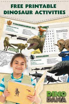 a young boy holding an open book in front of dinosaurs and other animal pictures with the words free printable dinosaur activities