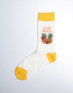 Step into a world of sun, sand, and romance with the "Women's Just Maui'd Pineapple Crew Sock" from Just Fun Socks. These women's tropical socks blend the fun of an island vacation with the joy of a romantic celebration. Adorned with a delightful pineapple pattern, these fun socks for women capture the essence of a Hawaiian getaway, making every day feel like a beach holiday. The playful "Just Maui'd" theme makes these crew socks an excellent choice for newlyweds or as a fun accessory for a beac Fun Socks, Pineapple Pattern, Crew Sock, Socks For Women, Island Vacation, Beach Holiday, Cool Socks, Crew Socks, A World