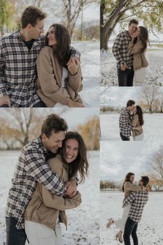 a couple cuddles in the snow while holding their dog and hugging each other