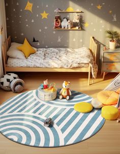 a child's bedroom with toys on the floor, and a rug in the middle