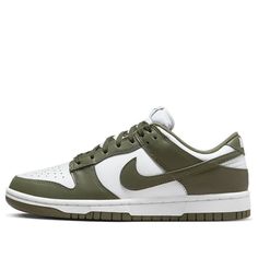 The Nike Women's Dunk Low 'Medium Olive' is the perfect blend of archival hoops style and contemporary design. Showcasing a classic two-tone color scheme, these comfortable sneakers feature a crisp white base with olive green overlays for added depth. The Nike Swoosh further accents the design in color-matched detail. Underpinned by a traditional rubber cupsole, the cushioning foam wedge provides superior comfort and impact protection, while the olive outsole ensures reliable traction when on the court. This updated version of the iconic Be True to Your School series from 1985 delivers timeless appeal with modern performance tech that make sure you stand out in style and comfort. (SNKR/Skate/Low Top/Women's/Non-Slip) Dunk Lows, Good Color Combinations, Tenis Nike, Baskets Nike, Nikes Girl, Nike Brand, Sb Dunk, Swag Shoes, Latest Sneakers