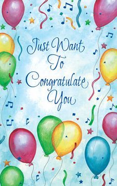 congratulations card with balloons and confetti in the middle, on a blue background