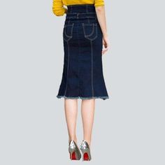 Make a everlasting statement with the 2023 Autumn Collection's Dark Blue Trumpet Denim Skirt! A street trend classic. this high-waisted piece combines vintage allure with couture-forward audacity. Crafted from luxe denim. it features a zipper and button closure. making it as functional as it is fashionable.Distinctive Features: Street Style: An iconic denim skirt with a quintessential dark wash. trumpet silhouette. and elevated-waisted design. Zipper & Button Closure: Craftsmanship meets functio Denim Skirts Online, White Jeans Men, Yellow Denim, Denim Pattern, Jeans Skirt, Denim Patterns, Autumn Collection, Street Trends, 2023 Autumn