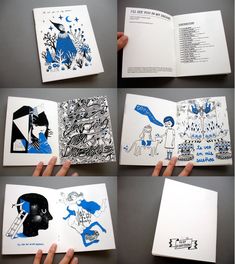 four different pictures of an open book with blue and white designs on it, including the pages