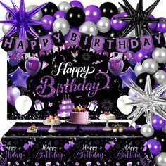 an image of a birthday party with purple and silver decorations on the table, balloons and cake