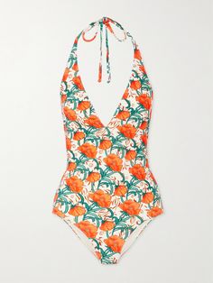 EXCLUSIVE AT NET-A-PORTER. La DoubleJ's swimsuit is printed with tropical orange blooms that'll fit right in on your next vacation. It's made from smoothing stretch fabric and has adjustable halterneck straps and a plunging neckline. Tropical Orange, Halter Neck Swimsuit, Brown Floral Print, Girls 21st, Flat Dress Shoes, Orlebar Brown, Dress Flats, Cute Bathing Suits, Blue Swimsuit