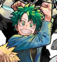 an anime character with green hair holding his fist up