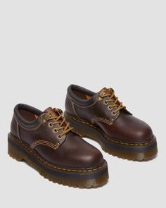 8053 Quad II Crazy Horse Leather Platform Shoes | Dr. Martens - SIZE 5 8053 Quad, Docs Shoes, Dr Martens 8053, Black Platform Shoes, Lace Socks, Crazy Horse, Platform Boots