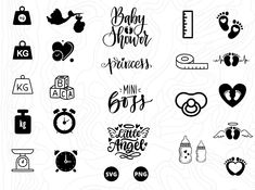 various black and white stickers with the words baby shower, princess, kiss me